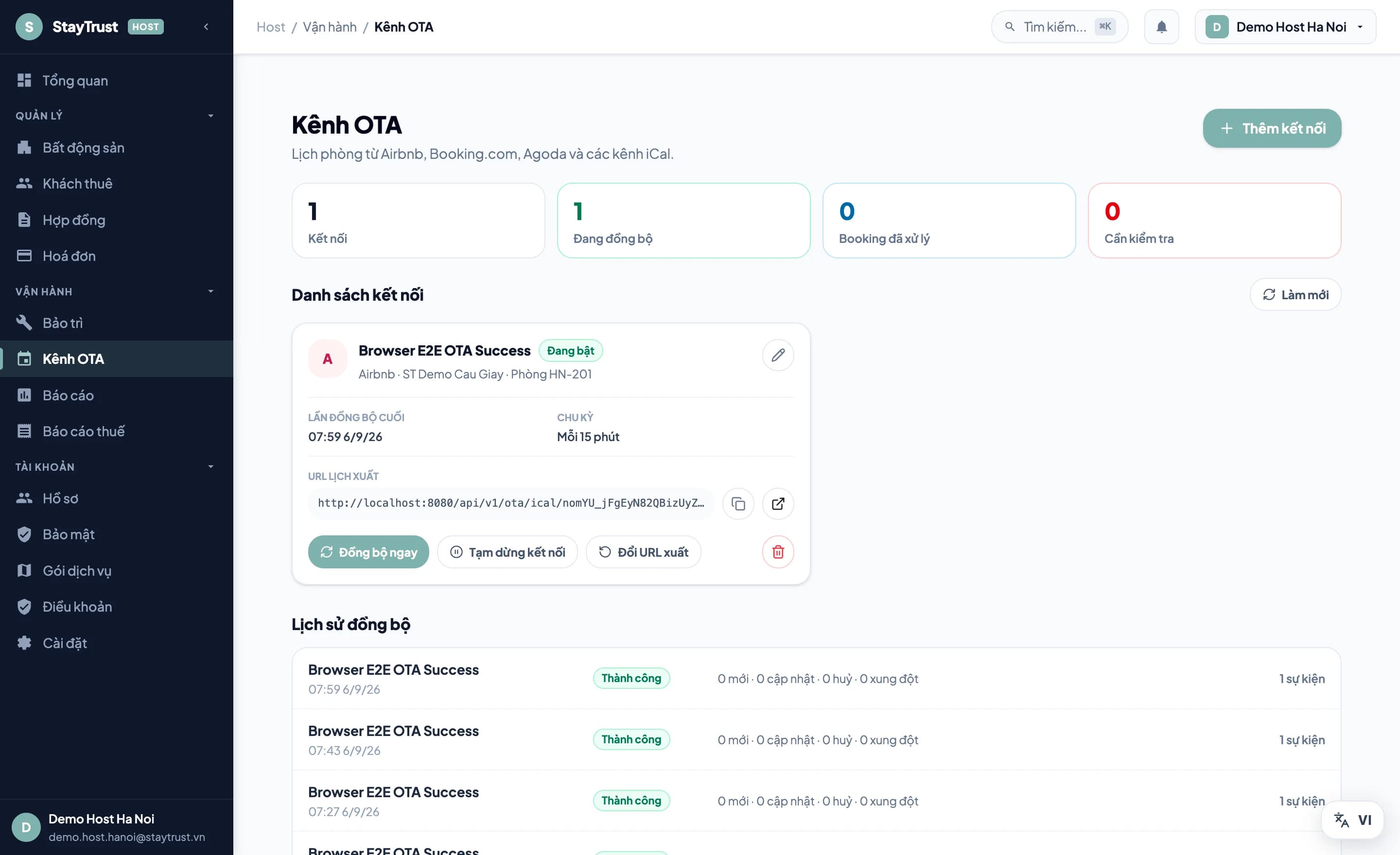 Màn hình kết nối kênh OTA của StayTrust với danh sách mapping phòng và lịch sử đồng bộ