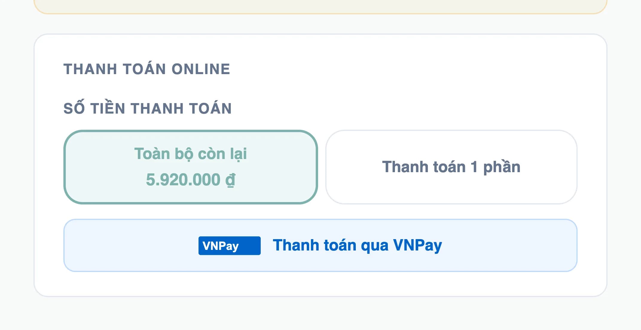 Khối thanh toán online trong cổng khách thuê StayTrust: chọn trả toàn bộ hoặc một phần, kèm nút thanh toán qua VNPay