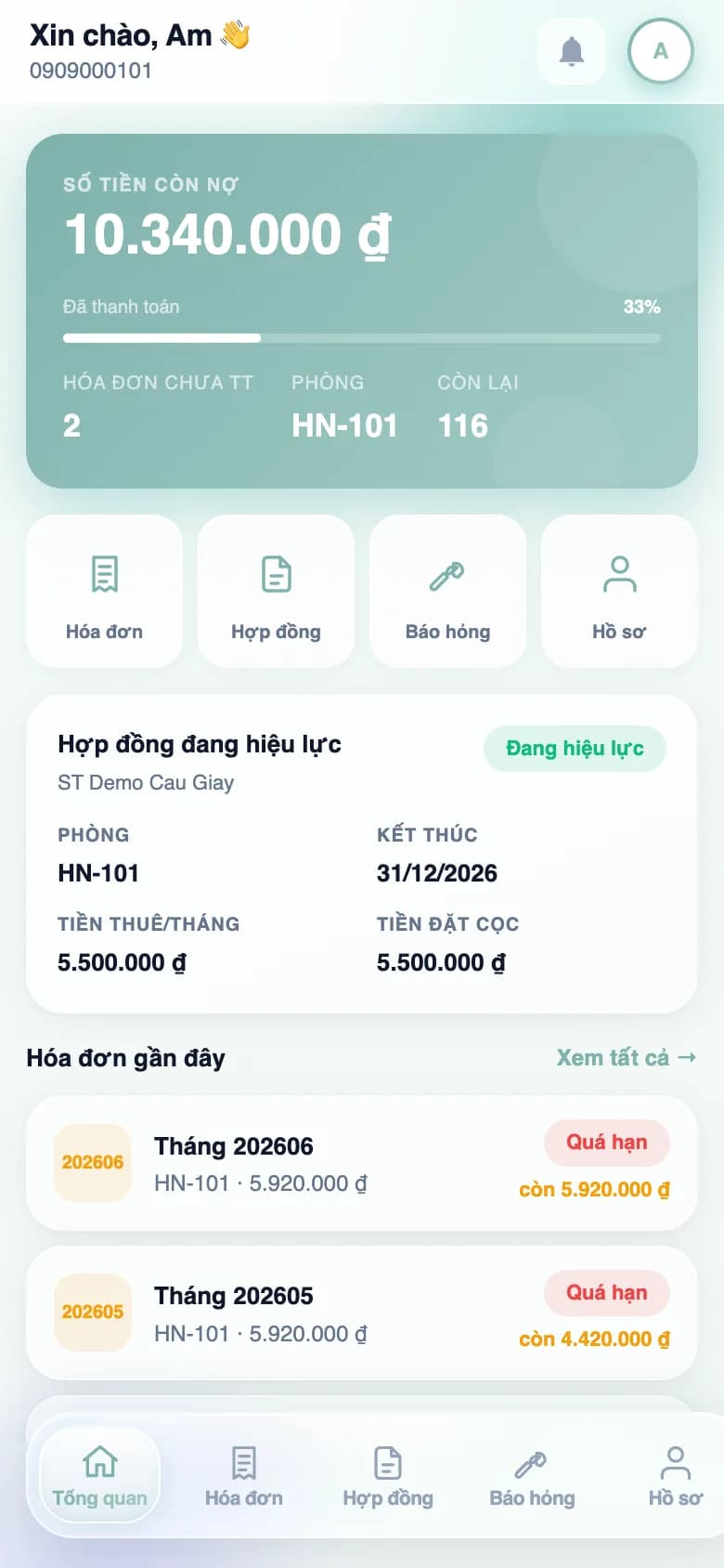Trang tổng quan của khách thuê trên điện thoại với hóa đơn gần nhất và hợp đồng đang hiệu lực
