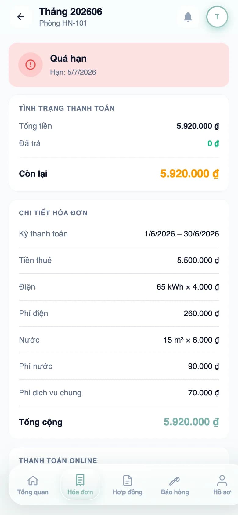 Cổng khách thuê StayTrust trên điện thoại hiển thị hóa đơn tháng và nút thanh toán VietQR
